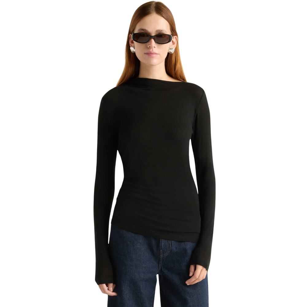 Modern Citizen Vittoria Asymmetric Neck Ruched Semi-Sheer Long Sleeve Tee Black